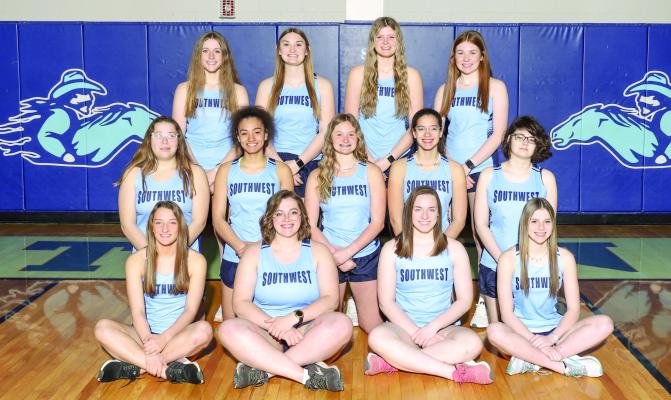 The Southwest Girls Track Team is pictured, from left, Front Row: from left to right: Allison VanPelt, Kiana Martin, Caylin Barnett, Caitlyn Adams Middle Row: from left to right: Madelyn Tryon, Anastasia Gallegos, Payton Truksa, Ariel Gallegos, Genevieve Hildebrand Back Row: from left to right: Avery McConville, Atleigh Nelms, Anikka Nelms, Bryn Lampe Photo Courtesy of H20 Photography.