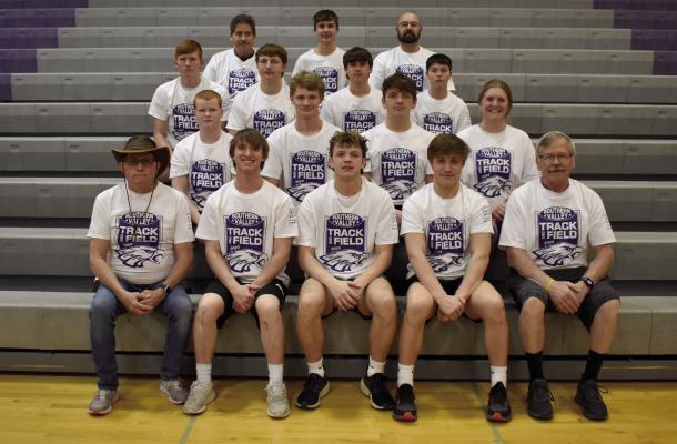 Members of the Southern Valley Boys Track and Field team are pictured as follows: FRONT: Assistant coach Leo Hinkle, Nathan McPhillamy, Mitch Wison, Cole Broeker, and head coach Tom Schoenfelder. ROW 2: Kota Batt, Adyn Thooft, Gabe Grove, and assistant coach Ali Hosier. ROW 3: Tylor Grove, Colby Noel, Sam Bantam, and Raiden Rickert. BACK: Assistant coach Larry Guy, Isaac Hamilton, and assistant coach Richard McDonald.