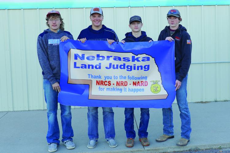 All four Southwest students pictured on the third-place team placed as individuals and are pictured from left: Treven Critchfield white; Hunter Blume - red; Mitchel Stritt - purple; Nathan Rippe - Pink. Students judged the “Wildcat Hills” area in Banner County, NE. The North Platte NRD office hosted the contest attended by schools who had qualified from all regional NRD contests. This is the first time Southwest has qualified for the National Land Judging Contest to be held in May 2023.